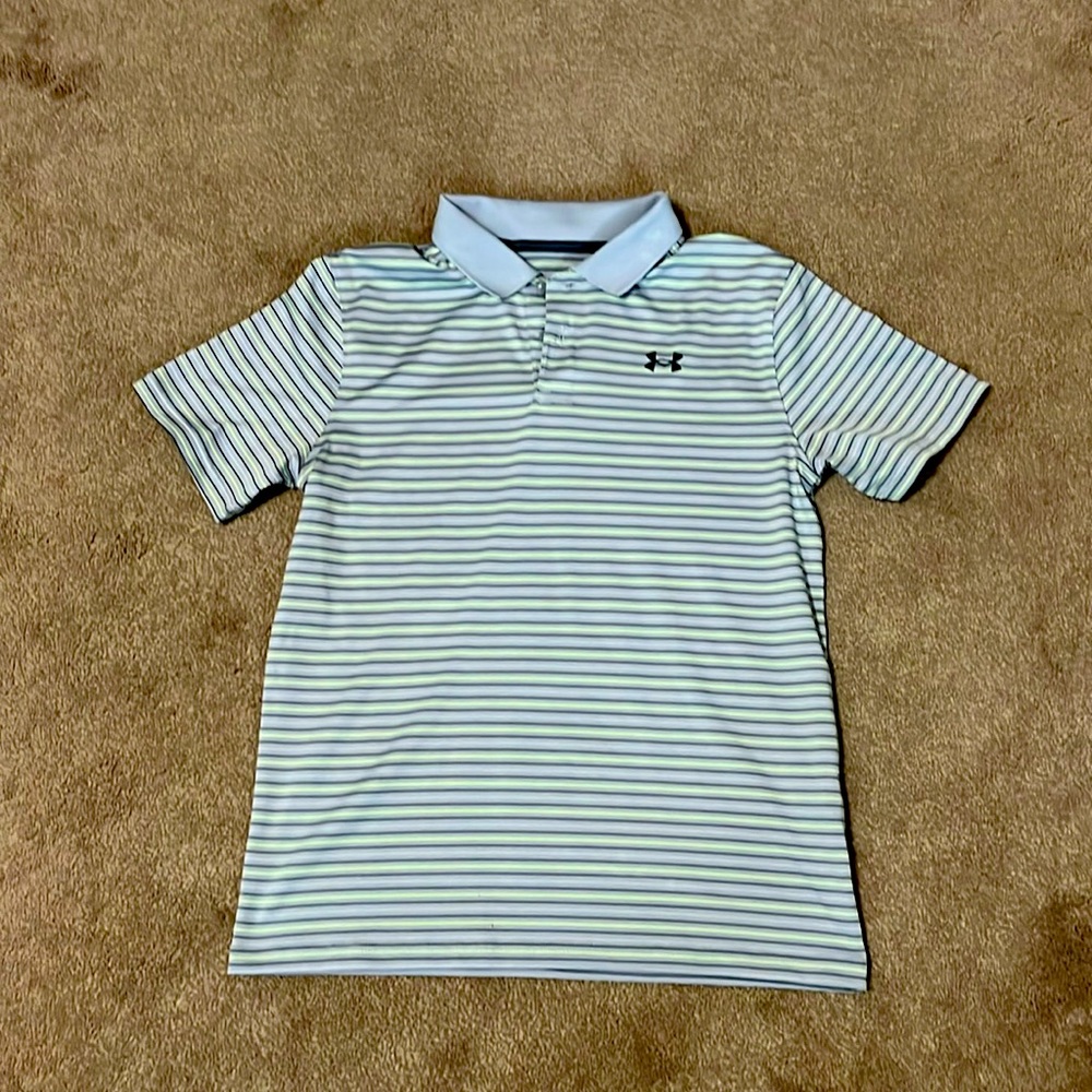 Under Armour, large boys stripped polo, mostly gray with green and white